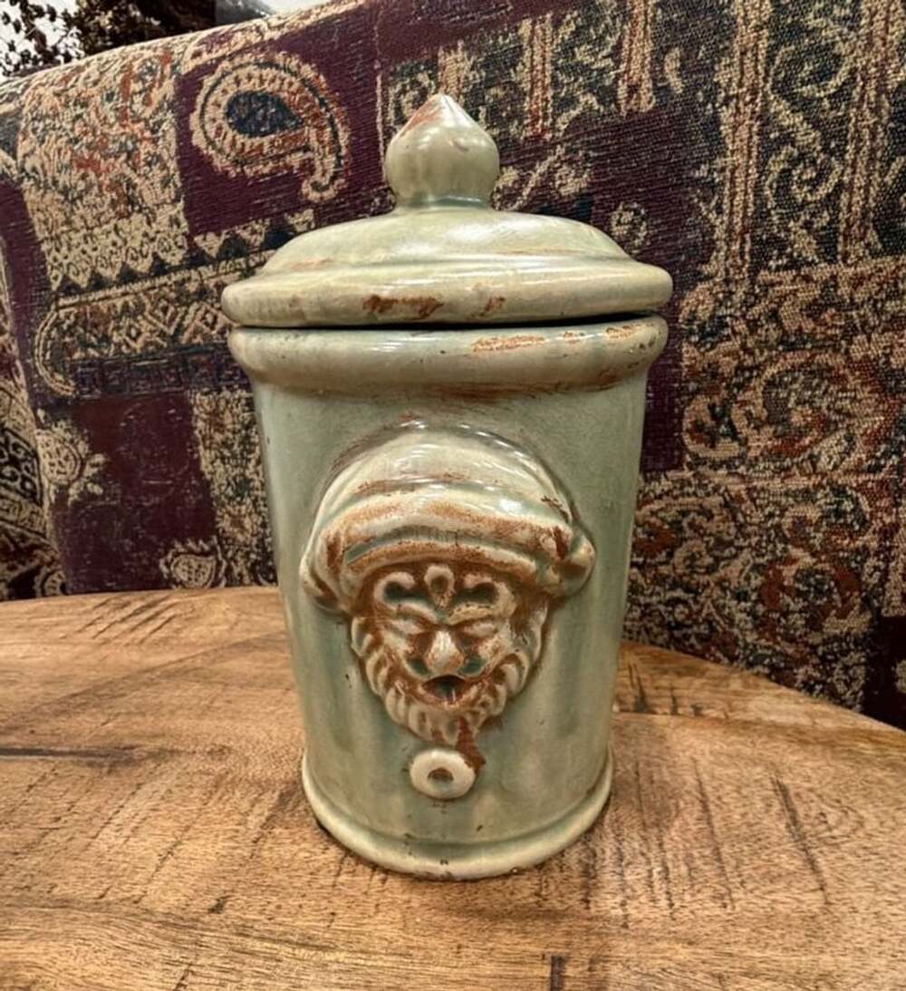 Bombay Company Glazed Pottery Two Face Canister Jar Green Stoneware